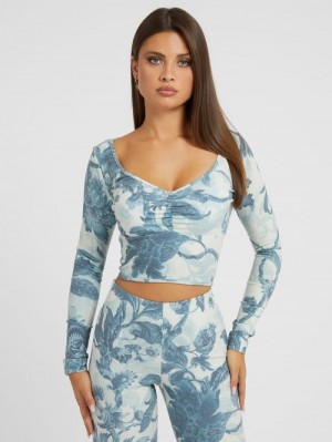 Tops Guess Floral Print Crop Mujer Azules Claro | SE-792584