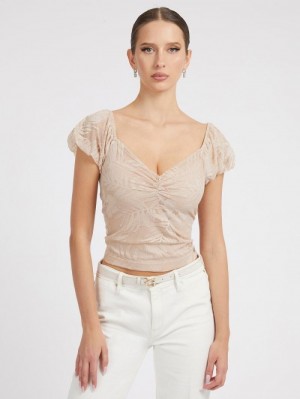 Tops Guess Front Ruffle Mujer Beige | SE-465027