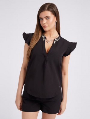 Tops Guess Rhinestones Details Mujer Negros | SE-259500