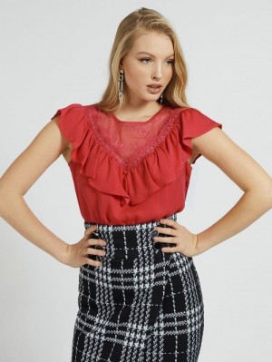 Tops Guess Satin Ruffles Mujer Rosas | SE-614411