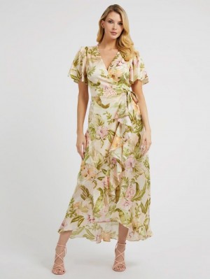 Vestido Guess Floral Print Long Mujer Verdes | SE-339636