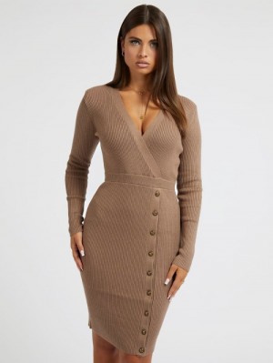 Vestido Guess Front Buttons Sweater Mujer Beige | SE-249975