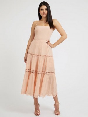 Vestido Guess Lace Up Long Mujer Rosas | SE-518481