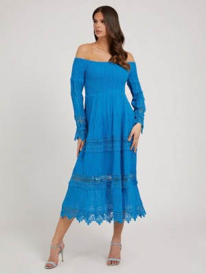 Vestido Guess Macramé Off-shoulder Mujer Azules | SE-993706