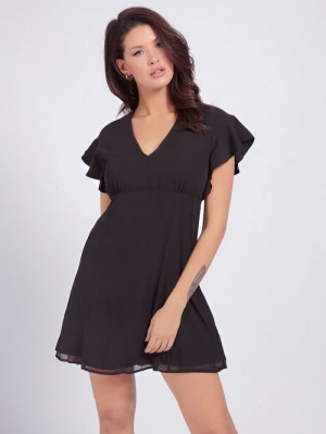 Vestido Guess V-neck Ruffle Mujer Negros | SE-600354