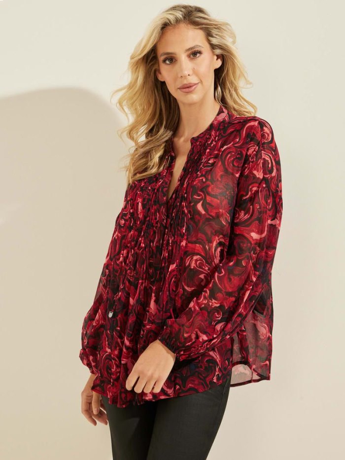 Blusa Guess Chiffon All Over Print Mujer Rojos | SE-006021