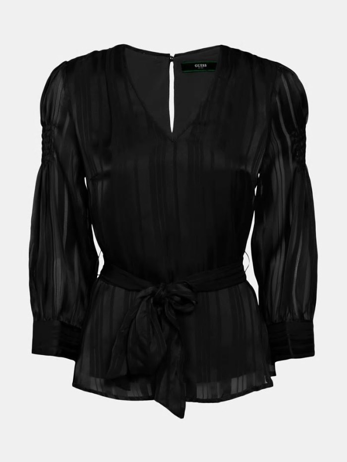 Blusa Guess Chiffon Belted Mujer Negros | SE-332422