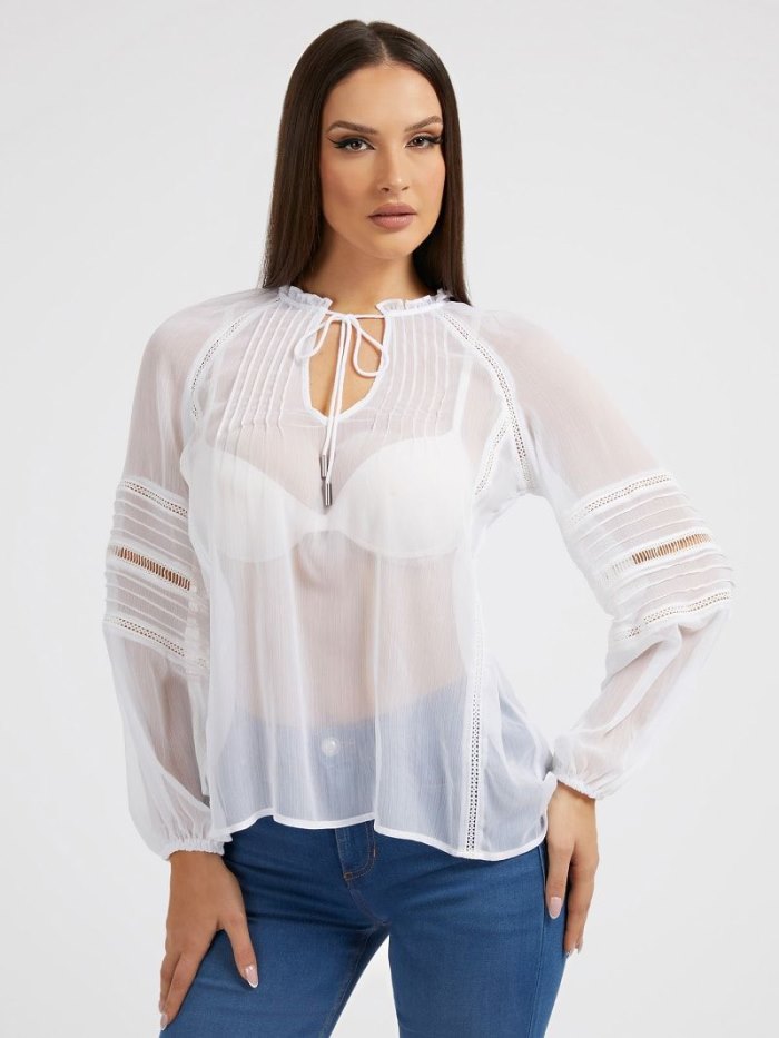 Blusa Guess Crinkle Mujer Blancos | SE-458179