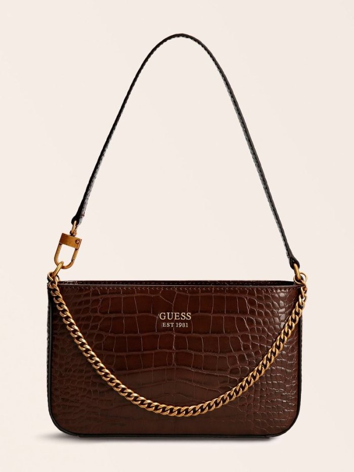 Bolsa De Hombro Guess Katey Croc Print Mini Mujer Marrom | SE-887418