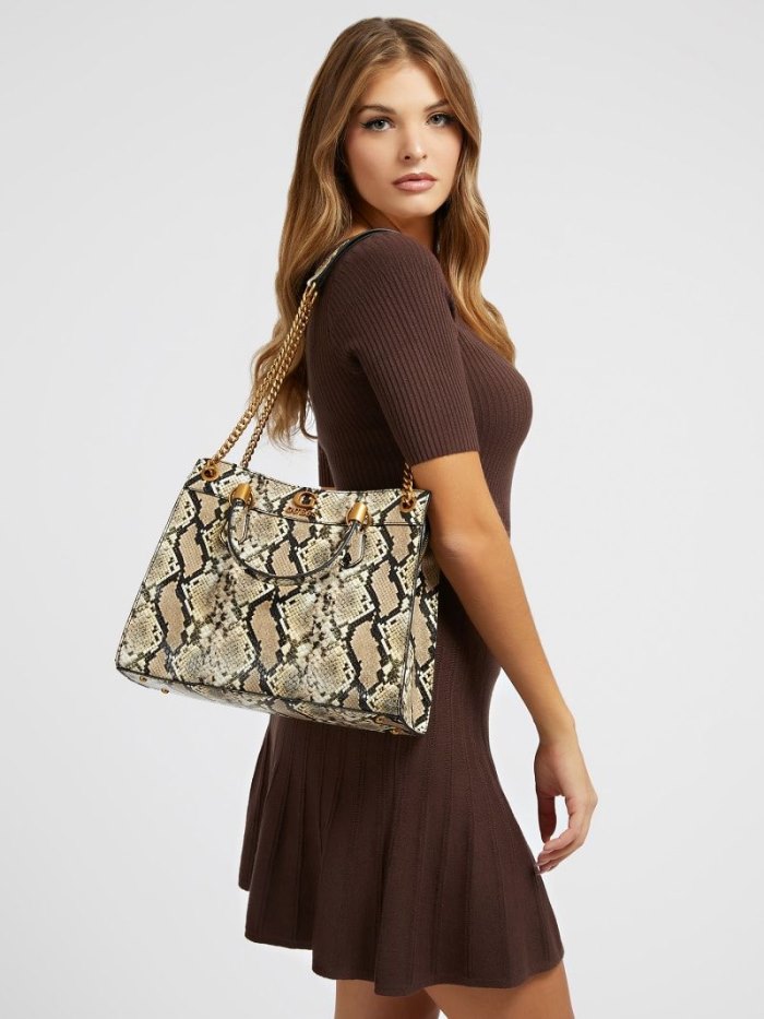 Bolsa De Hombro Guess Nell Python-print Mujer Beige | SE-387953