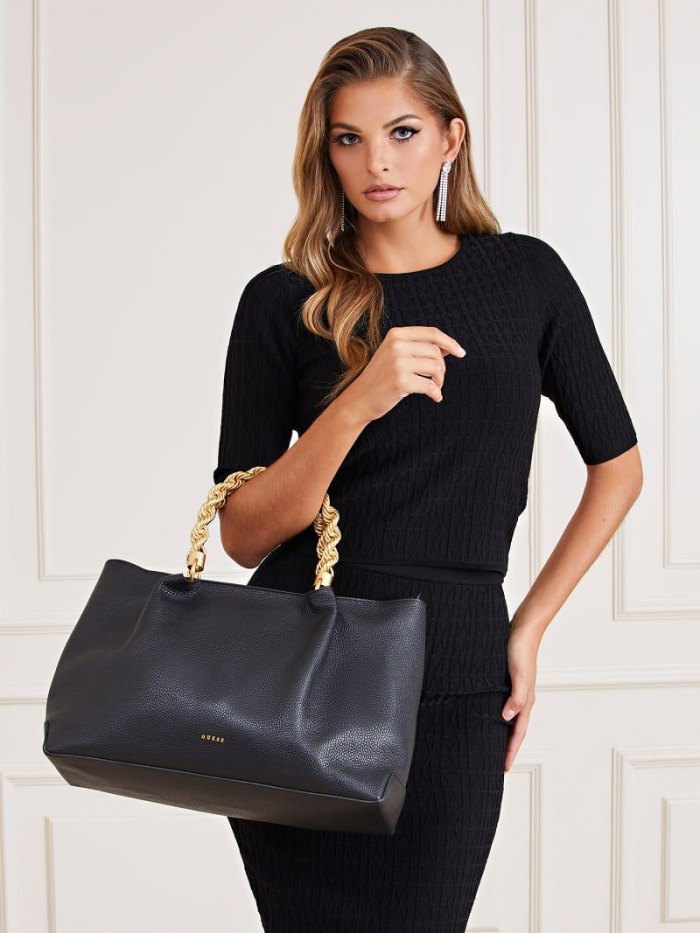 Bolsa de Mano Guess Aida Real Leather Mujer Negros | SE-766709