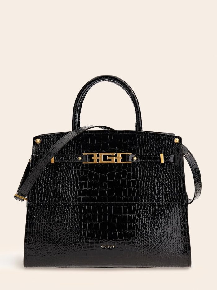 Bolsa de Mano Guess Cristina Real Leather Mujer Negros | SE-522492