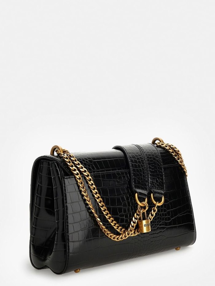 Bolsas Hombro Guess Katey Croc Print Mujer Negros | SE-754878