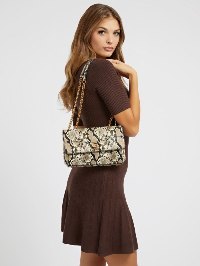 Bolsas Hombro Guess Nell Python-print Mujer Beige | SE-152210