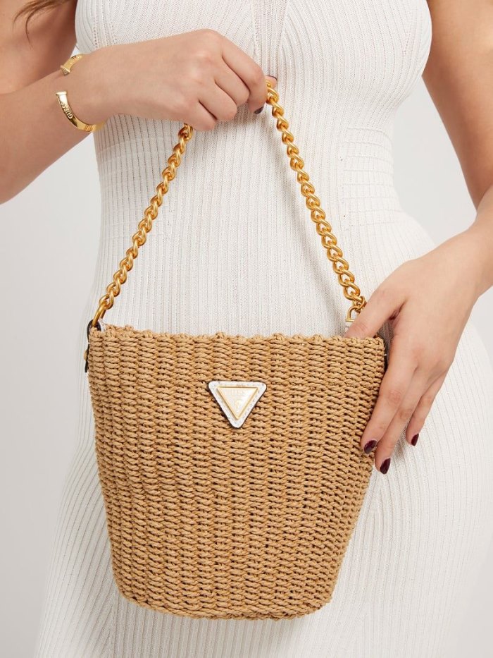 Bolso Saco Guess Lilica Raffia Mini Bucket Bag Mujer Beige | SE-852661