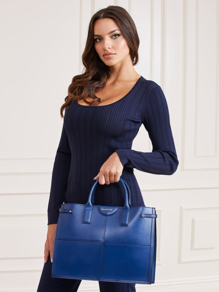 Bolsos Shopper Guess Stilla Real Leather Mujer Azules | SE-217868