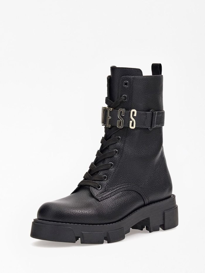 Botas Guess Madox Lettering Logo Combat Mujer Negros | SE-634450