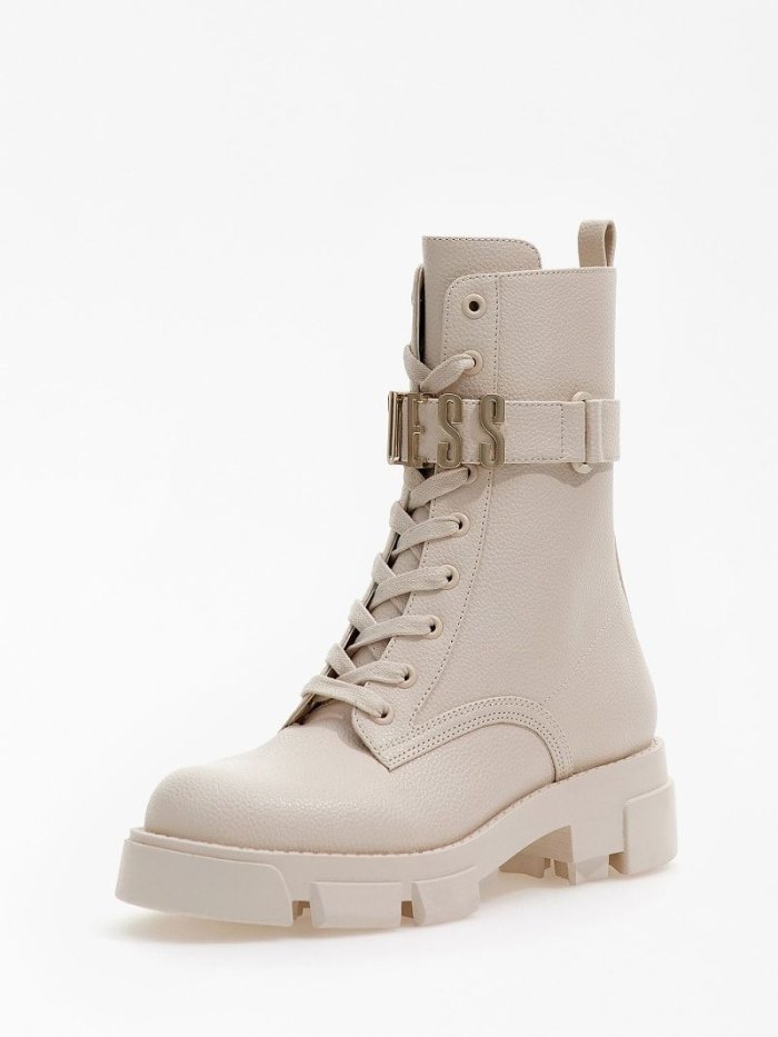 Botas Guess Madox Lettering Logo Combat Mujer Blancos | SE-311502