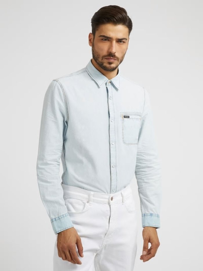 Camisas Guess Front Pocket Hombre Azules Claro | SE-425374