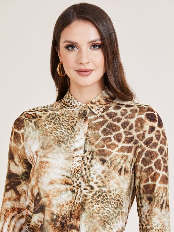 Camisas Guess Marciano Animalier Print Mujer Beige | SE-632996