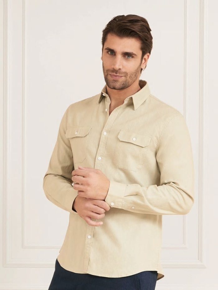 Camisas Guess Marciano Linen Blen Hombre Marrom | SE-060061