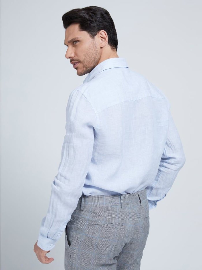 Camisas Guess Marciano Linen Hombre Azules Claro | SE-046739