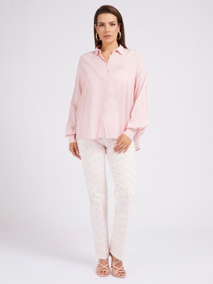 Camisas Guess Relaxed Fit Linen Blend Mujer Rosas | SE-427233