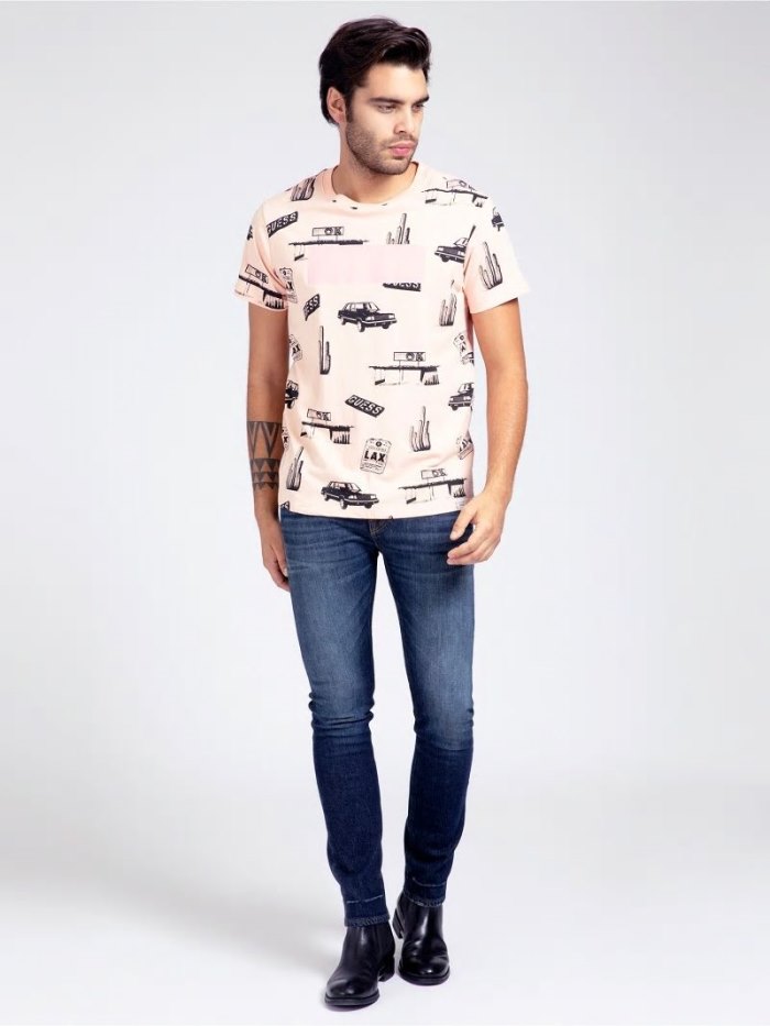 Camiseta Guess All Over Print Hombre Rosas Claro | SE-067107