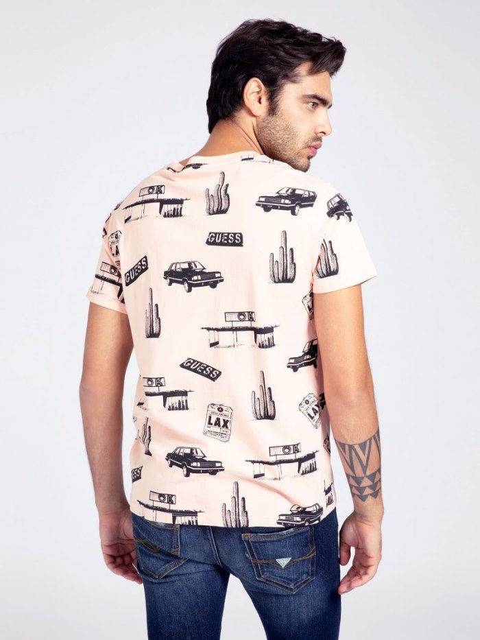 Camiseta Guess All Over Print Hombre Rosas Claro | SE-067107