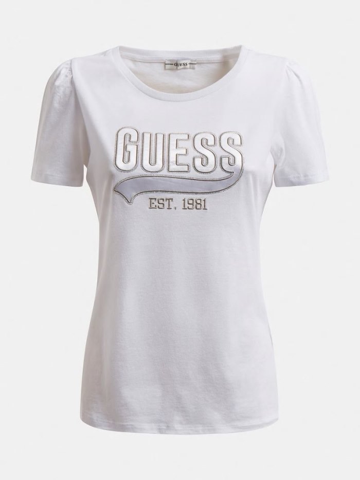 Camiseta Guess Application Front Logo Mujer Blancos | SE-708070