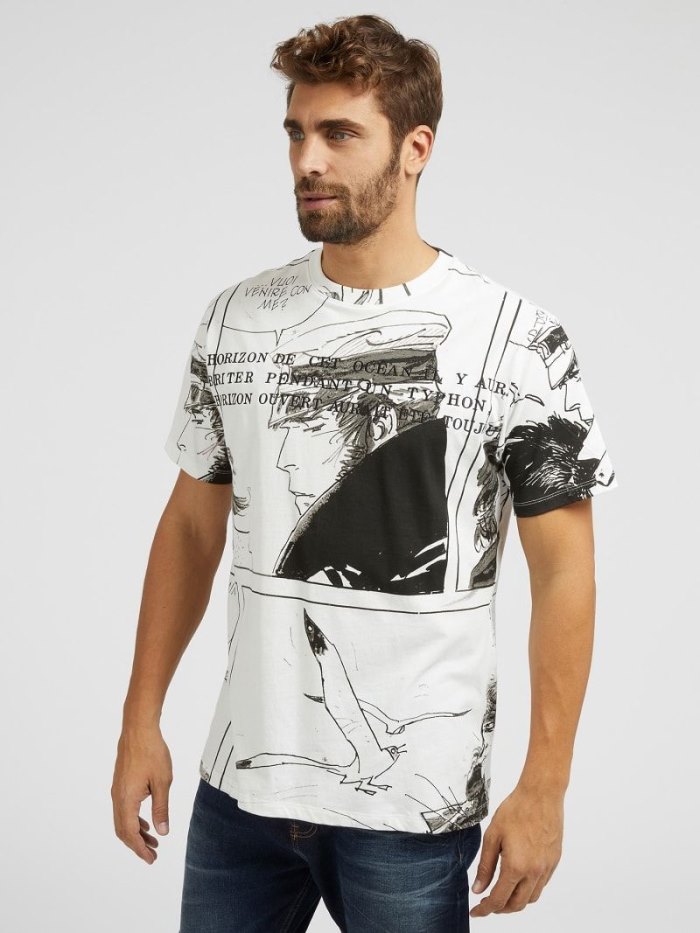 Camiseta Guess Corto Maltese Print Hombre Blancos | SE-478886