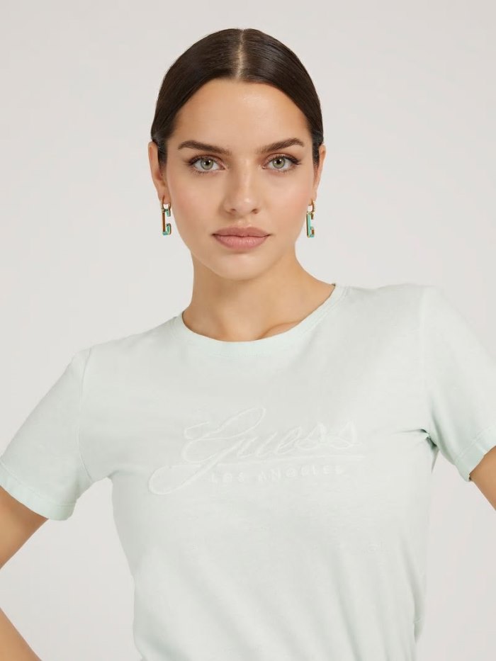 Camiseta Guess Embroidered Logo Mujer Turquesa Claro | SE-248817