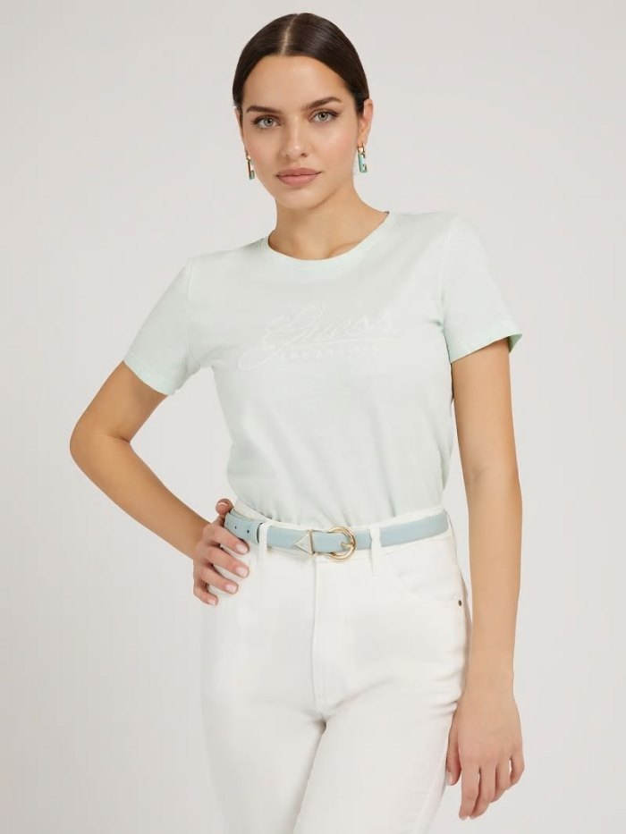 Camiseta Guess Embroidered Logo Mujer Turquesa Claro | SE-248817