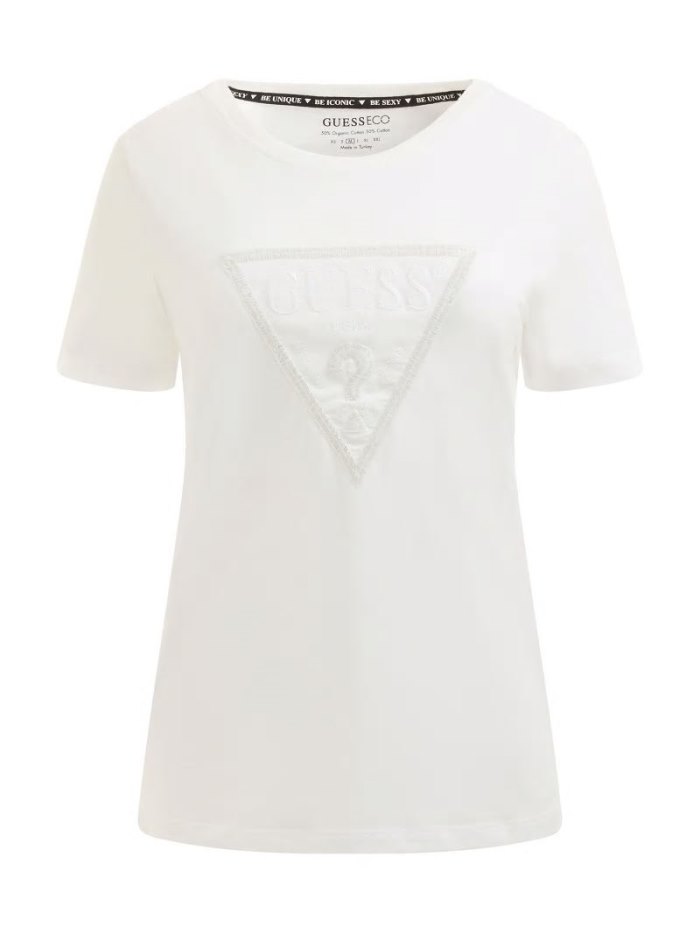 Camiseta Guess Embroidered Triangle Logo Mujer Blancos | SE-728159