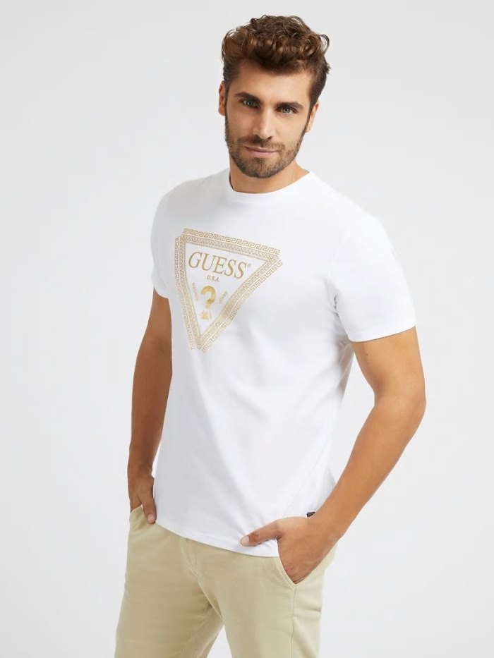 Camiseta Guess Foil Triangle Logo Hombre Blancos | SE-749388