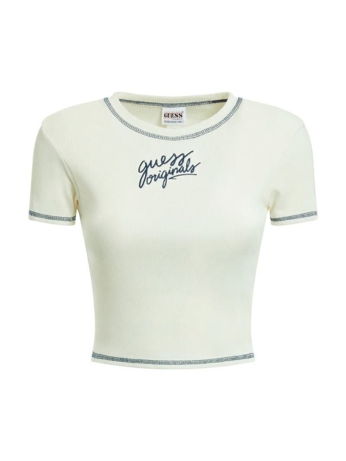 Camiseta Guess Front Logo Crop Mujer Beige | SE-948874