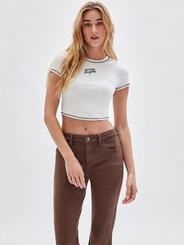 Camiseta Guess Front Logo Crop Mujer Beige | SE-948874