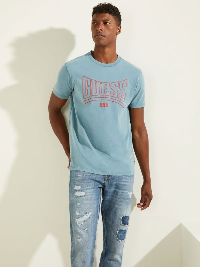 Camiseta Guess Front Logo Hombre Azules Claro | SE-813056