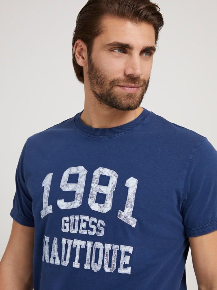 Camiseta Guess Front Logo Hombre Azules | SE-296093