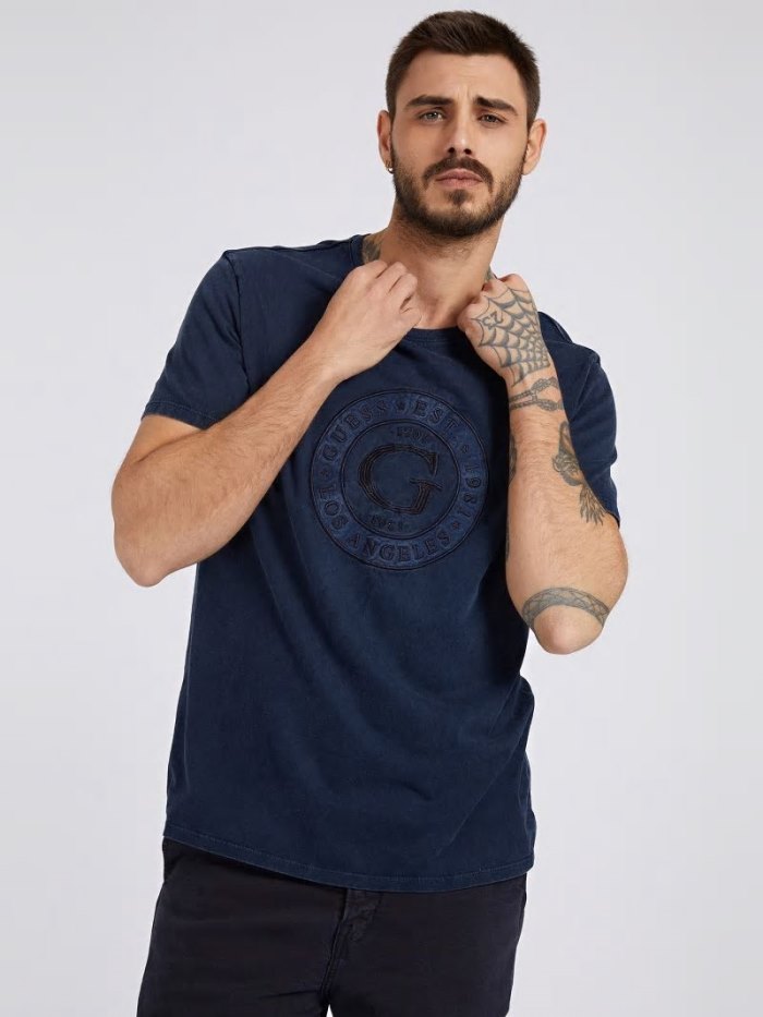 Camiseta Guess Front Logo Hombre Azules | SE-581344