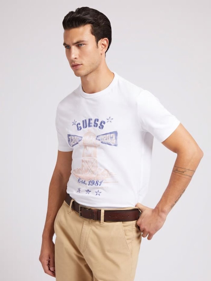 Camiseta Guess Front Logo Hombre Blancos | SE-934745