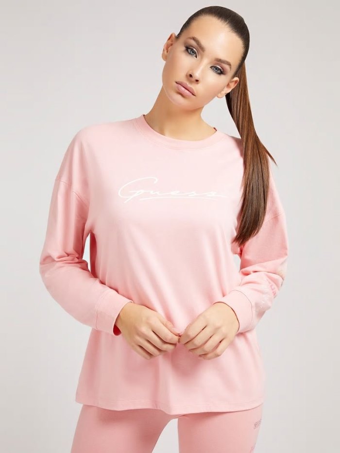 Camiseta Guess Front Logo Long Sleeves Mujer Rosas Claro | SE-352881