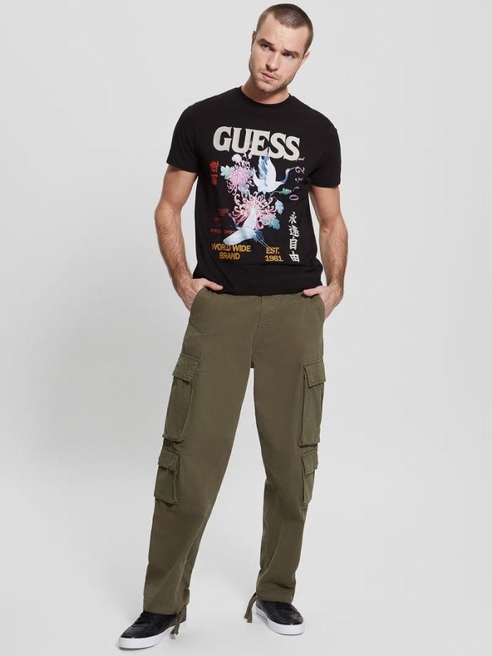 Camiseta Guess Front Print Hombre Negros | SE-355512