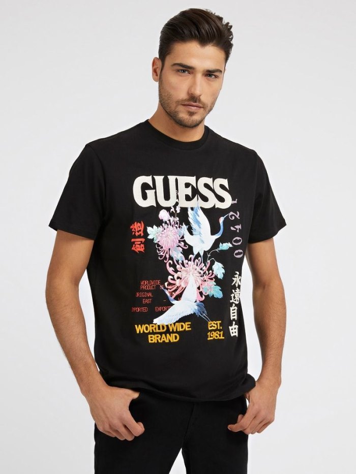 Camiseta Guess Front Print Hombre Negros | SE-355512