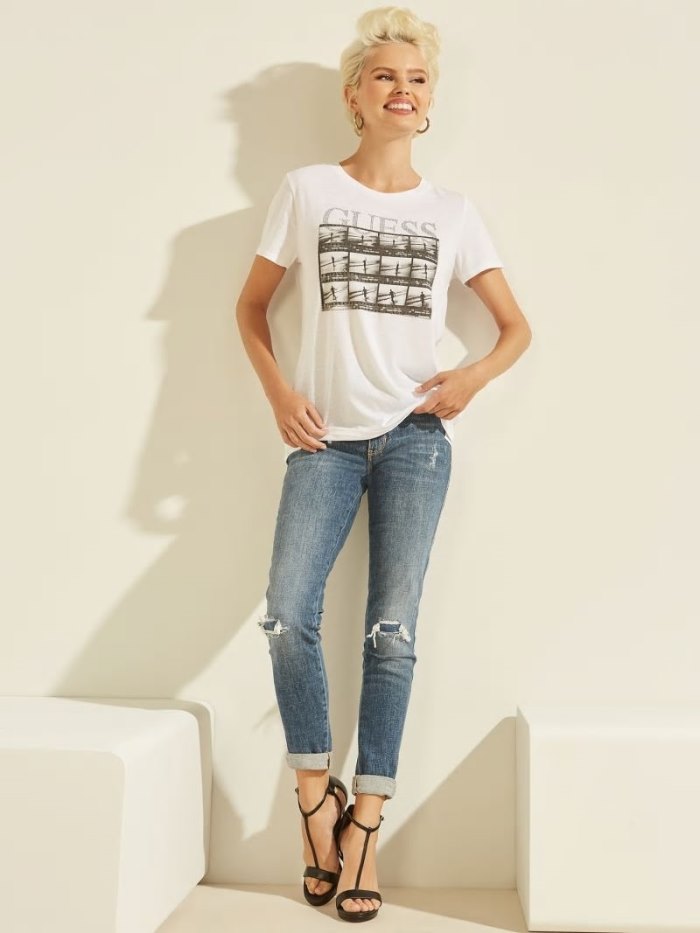 Camiseta Guess Front Print Mujer Blancos | SE-535081