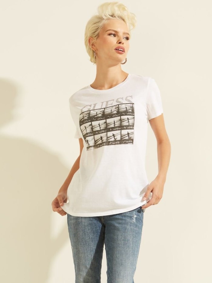 Camiseta Guess Front Print Mujer Blancos | SE-535081