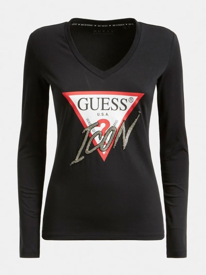 Camiseta Guess Iconic Rhinestone Triangle Mujer Negros | SE-716751