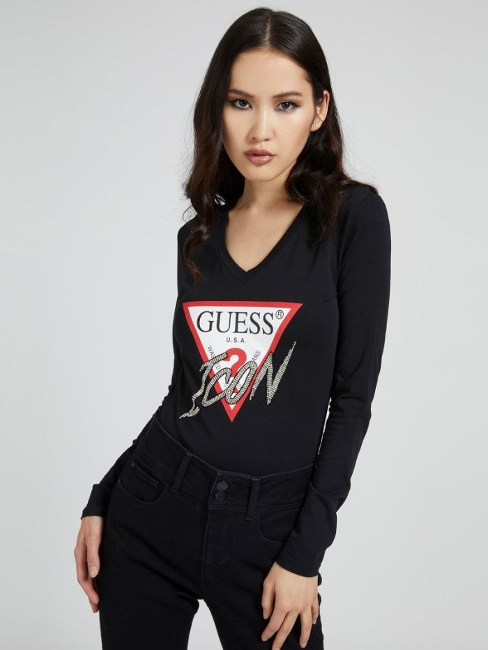 Camiseta Guess Iconic Rhinestone Triangle Mujer Negros | SE-716751