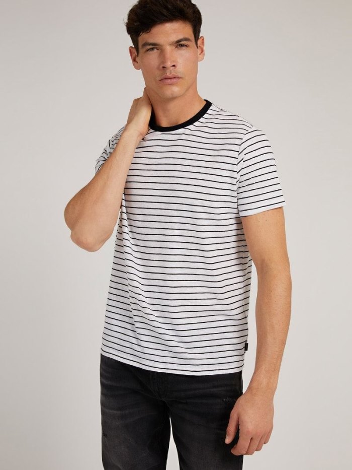 Camiseta Guess Linen Blend Striped Hombre Blancos | SE-010554