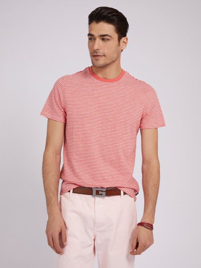 Camiseta Guess Linen Blend Striped Hombre Coral Claro | SE-113347